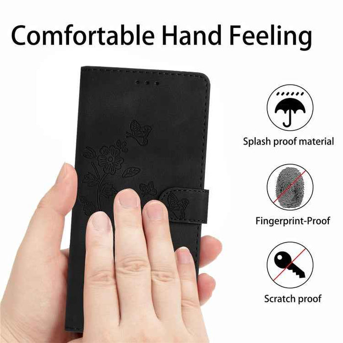 For iPhone 16 Plus Flower Butterfly Embossing Pattern Leather Phone Case(Black)