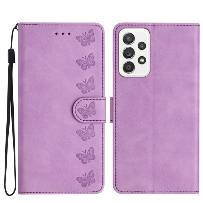 Seven Butterflies Embossed Leather Phone Case, For Samsung Galaxy A22 5G, For Samsung Galaxy A23 5G, For Samsung Galaxy A24 4G, For Samsung Galaxy A32 4G, For Samsung Galaxy A32 5G, For Samsung Galaxy A33 5G, For Samsung Galaxy A34, For Samsung Galaxy A40