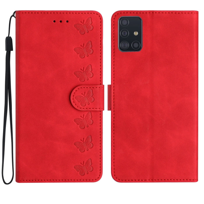 Seven Butterflies Embossed Leather Phone Case, For Samsung Galaxy A71, For Samsung Galaxy A72 5G, For Samsung Galaxy A73 5G, For Samsung Galaxy M23, For Samsung Galaxy M32, For Samsung Galaxy M52 5G, For Samsung Galaxy M53