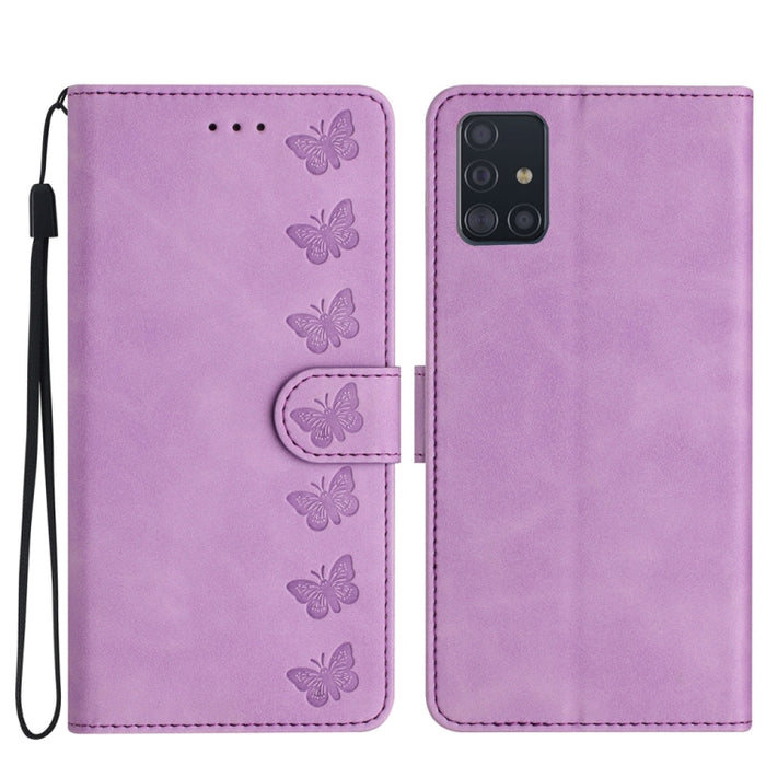 Seven Butterflies Embossed Leather Phone Case, For Samsung Galaxy A71, For Samsung Galaxy A72 5G, For Samsung Galaxy A73 5G, For Samsung Galaxy M23, For Samsung Galaxy M32, For Samsung Galaxy M52 5G, For Samsung Galaxy M53