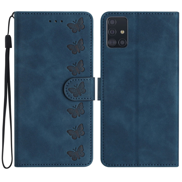 Seven Butterflies Embossed Leather Phone Case, For Samsung Galaxy A71, For Samsung Galaxy A72 5G, For Samsung Galaxy A73 5G, For Samsung Galaxy M23, For Samsung Galaxy M32, For Samsung Galaxy M52 5G, For Samsung Galaxy M53