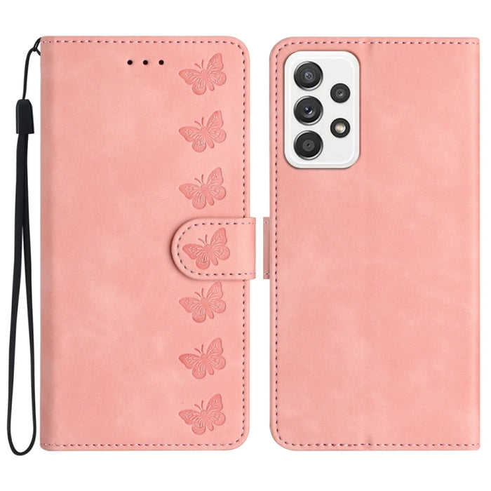 Seven Butterflies Embossed Leather Phone Case, For Samsung Galaxy A71, For Samsung Galaxy A72 5G, For Samsung Galaxy A73 5G, For Samsung Galaxy M23, For Samsung Galaxy M32, For Samsung Galaxy M52 5G, For Samsung Galaxy M53