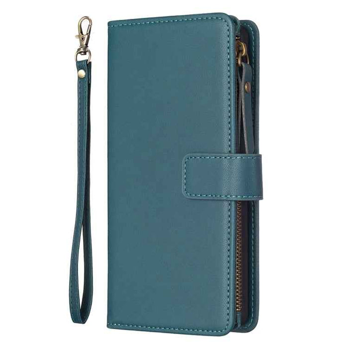 For iPhone 16 Plus 9 Card Slots Zipper Wallet Leather Flip Phone Case(Green)