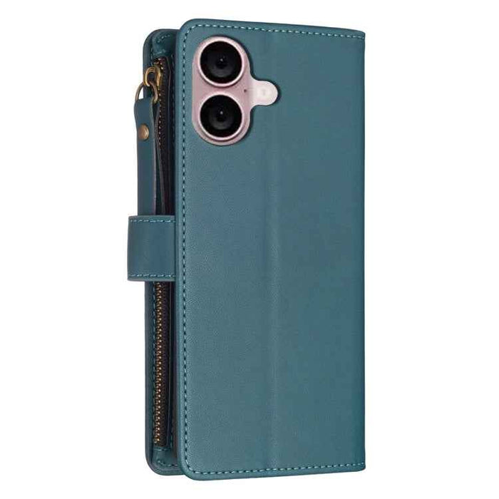 For iPhone 16 Plus 9 Card Slots Zipper Wallet Leather Flip Phone Case(Green)
