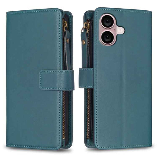 For iPhone 16 Plus 9 Card Slots Zipper Wallet Leather Flip Phone Case(Green)