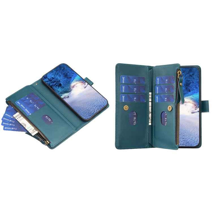 For iPhone 16 Plus 9 Card Slots Zipper Wallet Leather Flip Phone Case(Green)