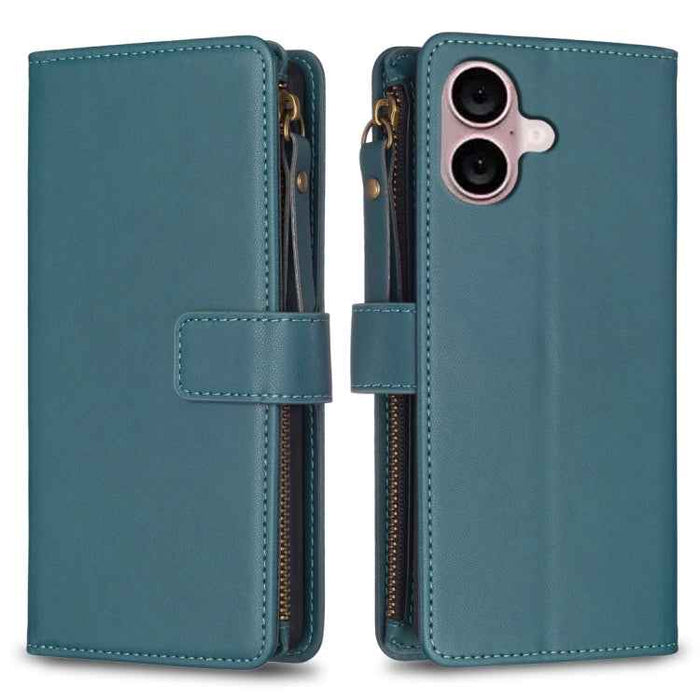 For iPhone 16 Plus 9 Card Slots Zipper Wallet Leather Flip Phone Case(Green)