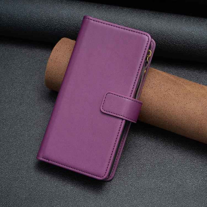 For iPhone 16 Plus 9 Card Slots Zipper Wallet Leather Flip Phone Case(Dark Purple)