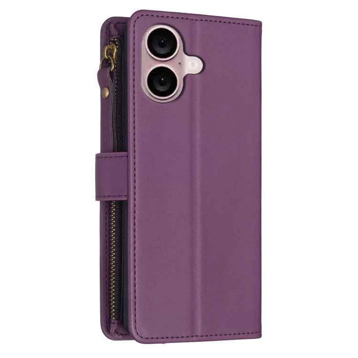 For iPhone 16 Plus 9 Card Slots Zipper Wallet Leather Flip Phone Case(Dark Purple)