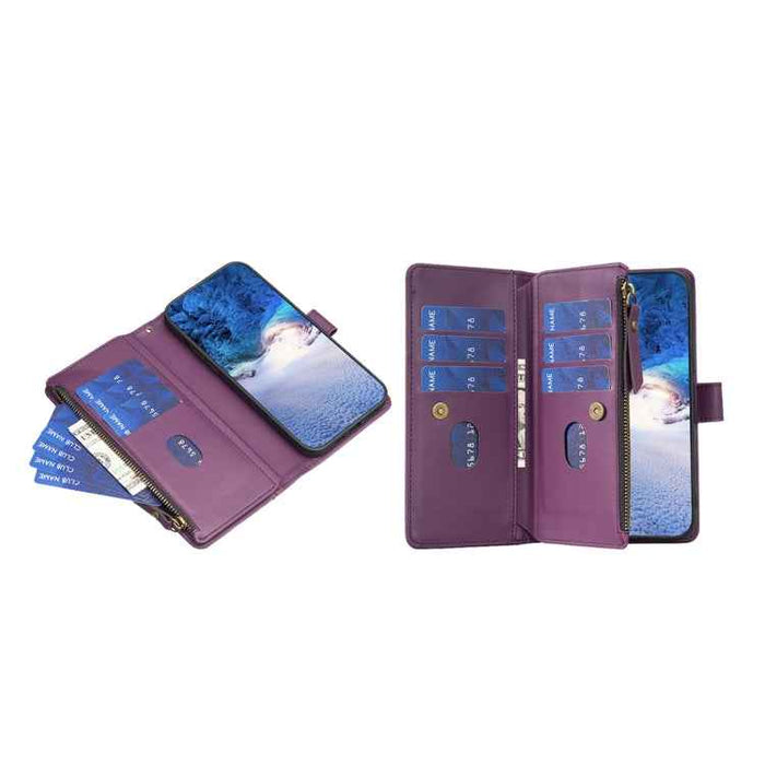 For iPhone 16 Plus 9 Card Slots Zipper Wallet Leather Flip Phone Case(Dark Purple)