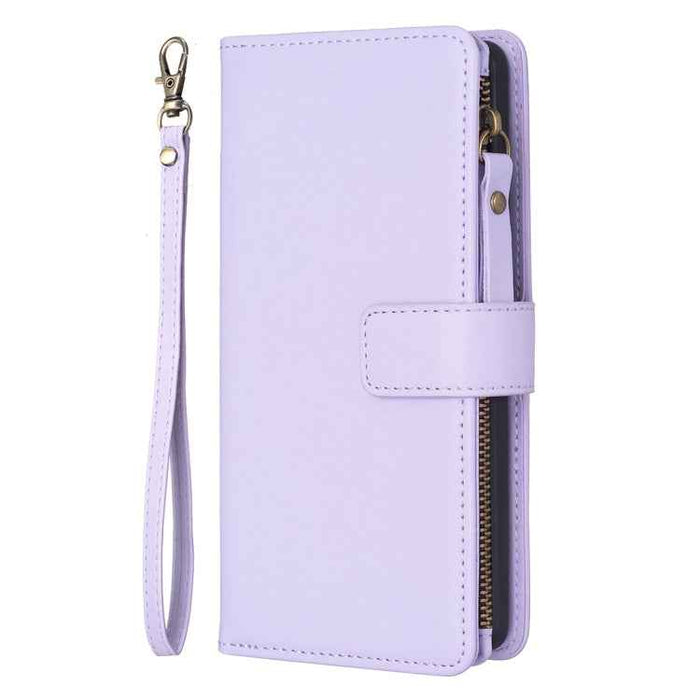 For iPhone 16 Plus 9 Card Slots Zipper Wallet Leather Flip Phone Case(Light Purple)