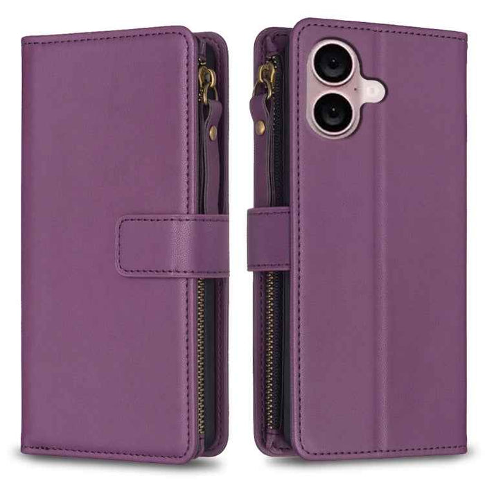 For iPhone 16 9 Card Slots Zipper Wallet Leather Flip Phone Case(Dark Purple)
