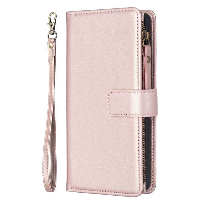For iPhone 16 9 Card Slots Zipper Wallet Leather Flip Phone Case(Rose Gold)