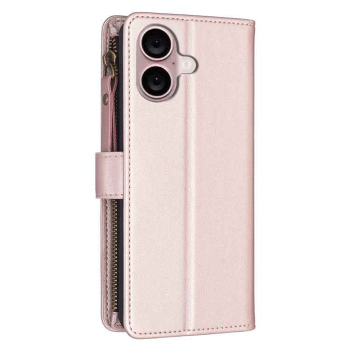 For iPhone 16 9 Card Slots Zipper Wallet Leather Flip Phone Case(Rose Gold)