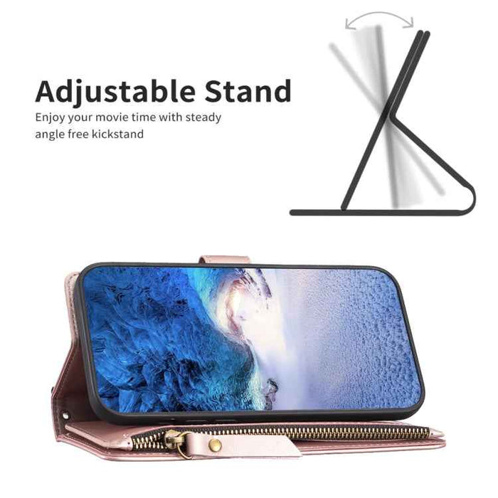 For iPhone 16 9 Card Slots Zipper Wallet Leather Flip Phone Case(Rose Gold)
