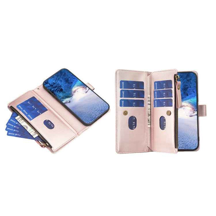 For iPhone 16 9 Card Slots Zipper Wallet Leather Flip Phone Case(Rose Gold)