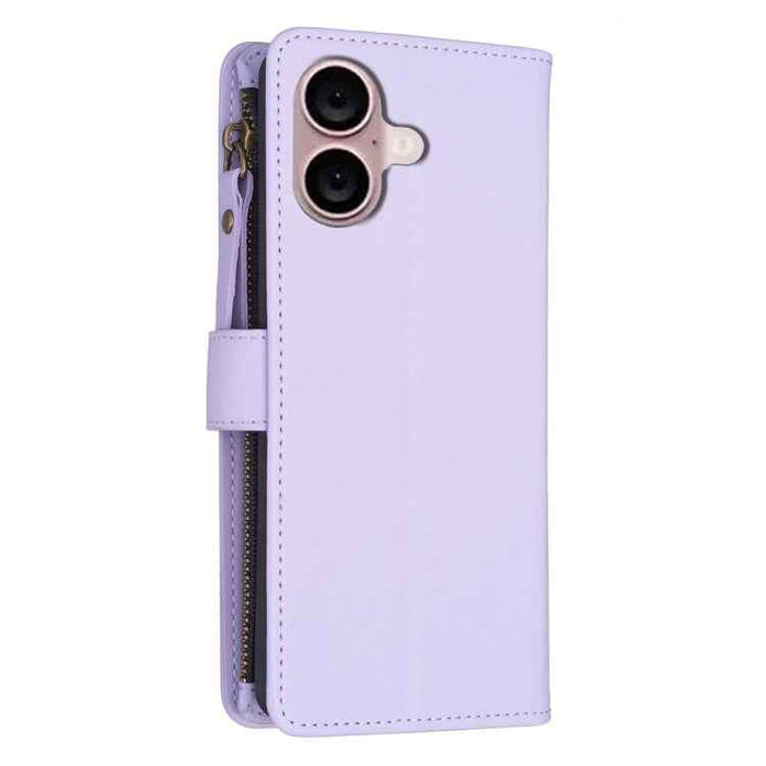 For iPhone 16 9 Card Slots Zipper Wallet Leather Flip Phone Case(Light Purple)