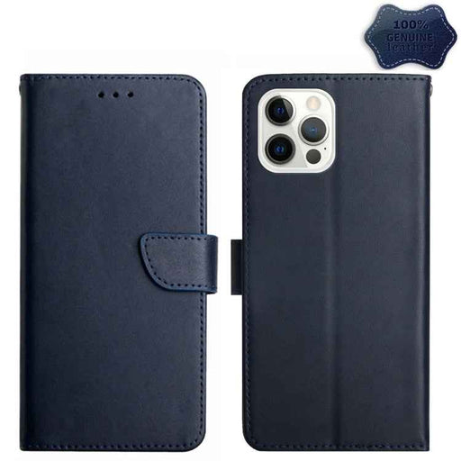 For iPhone 15 Pro Genuine Leather Fingerprint-proof Flip Phone Case(Blue)