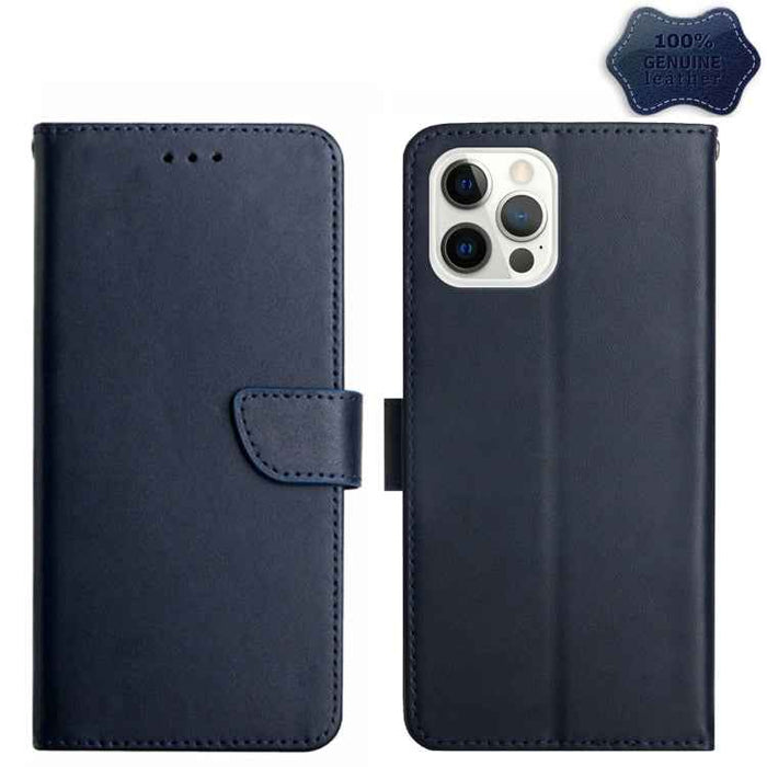 For iPhone 15 Pro Genuine Leather Fingerprint-proof Flip Phone Case(Blue)