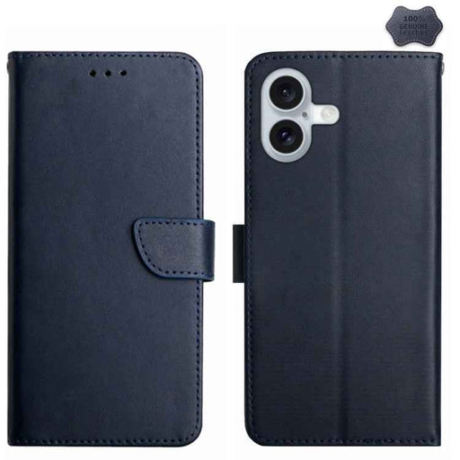 For iPhone 16 Plus Genuine Leather Fingerprint-proof Flip Phone Case(Blue)