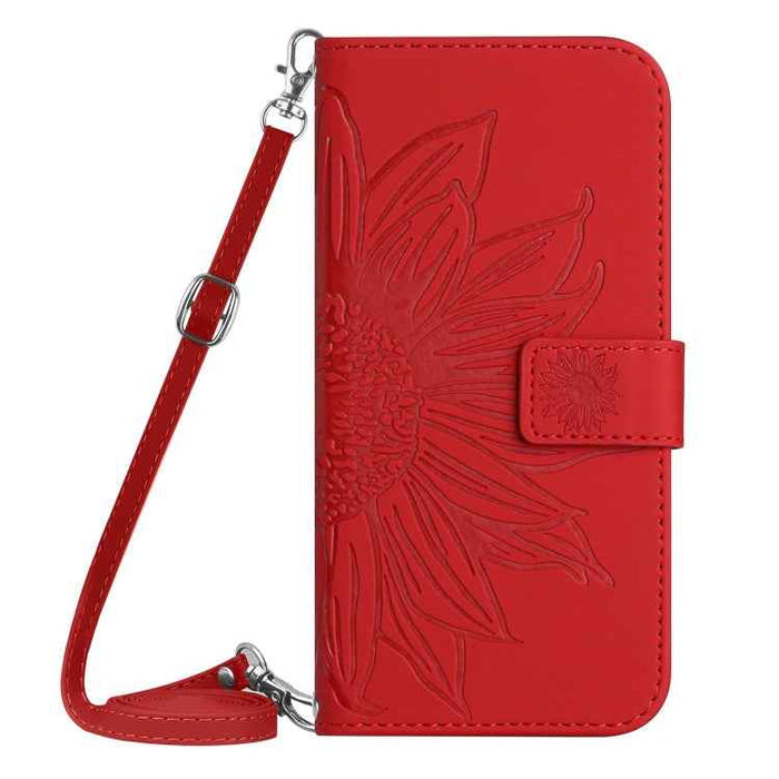 For iPhone 16 Plus Skin Feel Sun Flower Embossed Flip Leather Phone Case with Lanyard(Red)