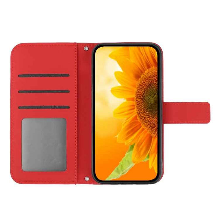 For iPhone 16 Plus Skin Feel Sun Flower Embossed Flip Leather Phone Case with Lanyard(Red)