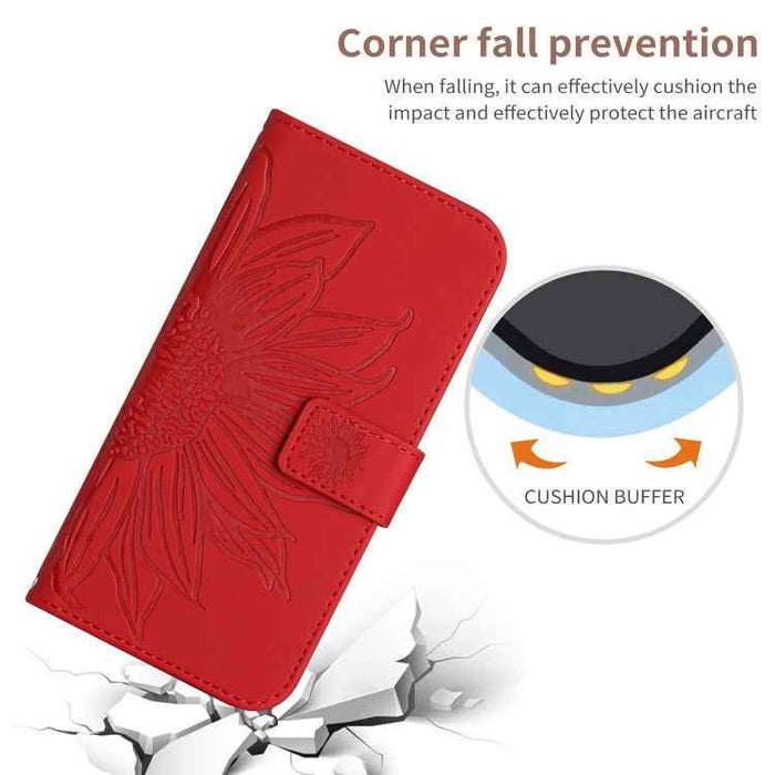 For iPhone 16 Plus Skin Feel Sun Flower Embossed Flip Leather Phone Case with Lanyard(Red)