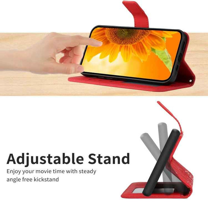 For iPhone 16 Plus Skin Feel Sun Flower Embossed Flip Leather Phone Case with Lanyard(Red)