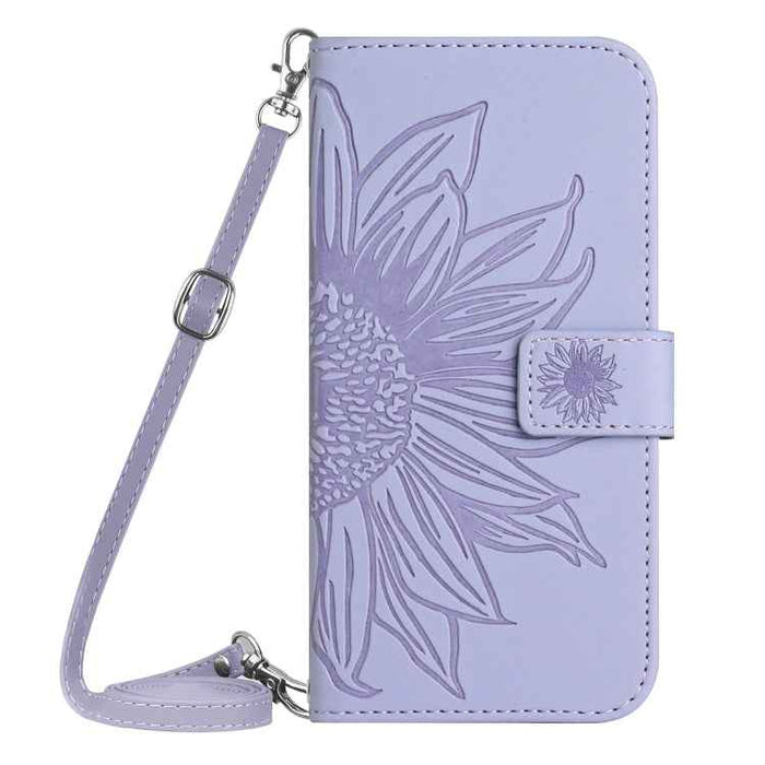For iPhone 16 Plus Skin Feel Sun Flower Embossed Flip Leather Phone Case with Lanyard(Purple)