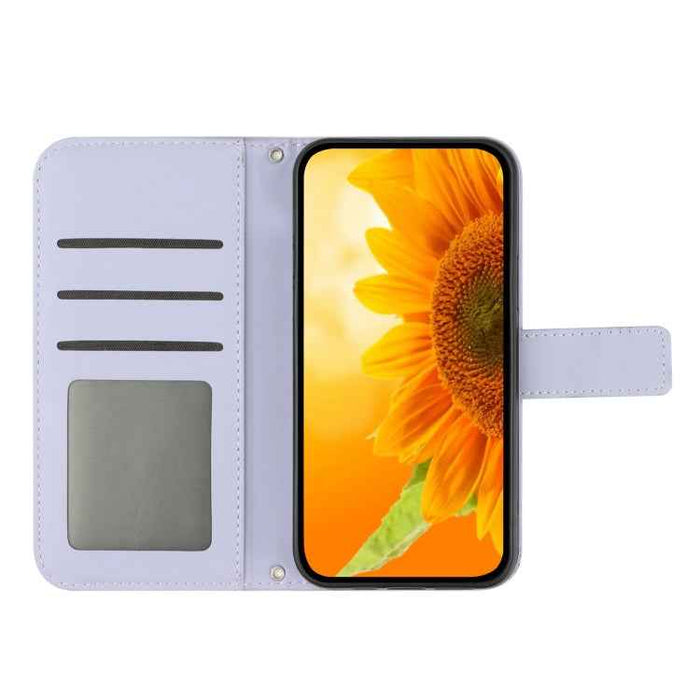 For iPhone 16 Plus Skin Feel Sun Flower Embossed Flip Leather Phone Case with Lanyard(Purple)