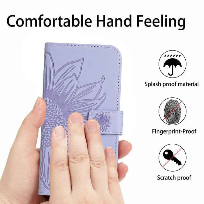 For iPhone 16 Plus Skin Feel Sun Flower Embossed Flip Leather Phone Case with Lanyard(Purple)