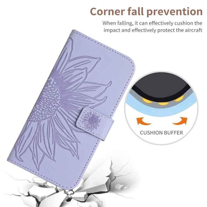 For iPhone 16 Plus Skin Feel Sun Flower Embossed Flip Leather Phone Case with Lanyard(Purple)