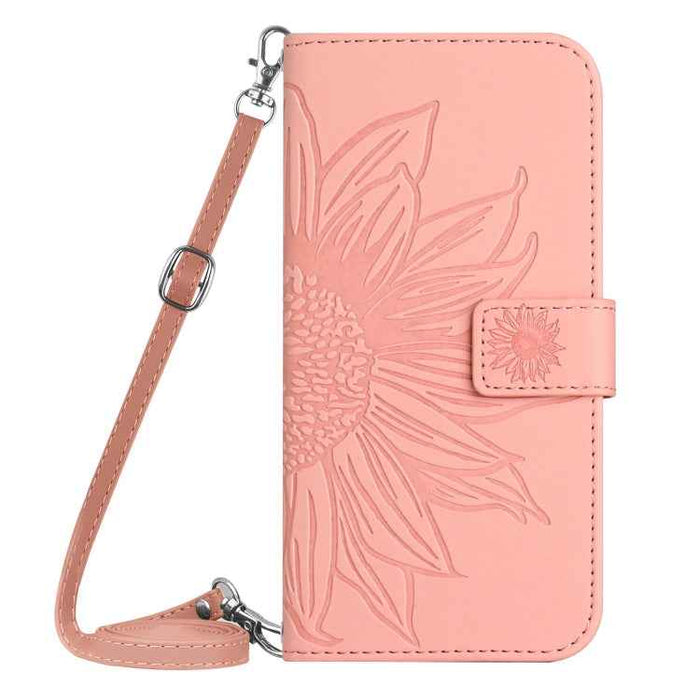 For iPhone 16 Plus Skin Feel Sun Flower Embossed Flip Leather Phone Case with Lanyard(Pink)
