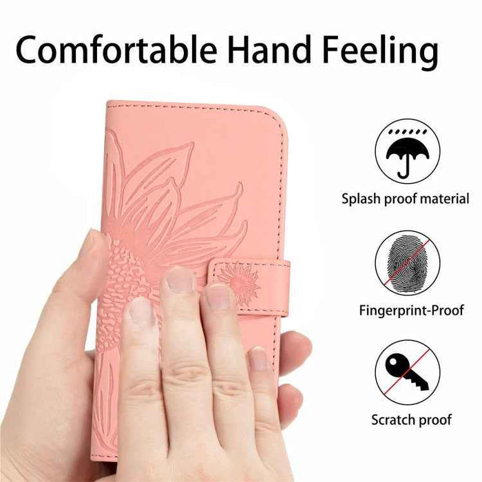 For iPhone 16 Plus Skin Feel Sun Flower Embossed Flip Leather Phone Case with Lanyard(Pink)