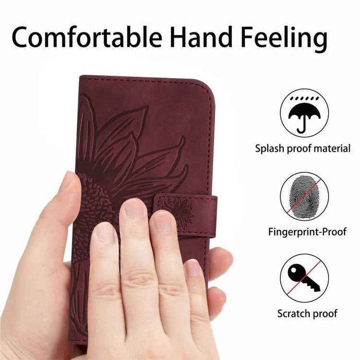 For iPhone 16 Plus Skin Feel Sun Flower Embossed Flip Leather Phone Case with Lanyard(Wine Red)