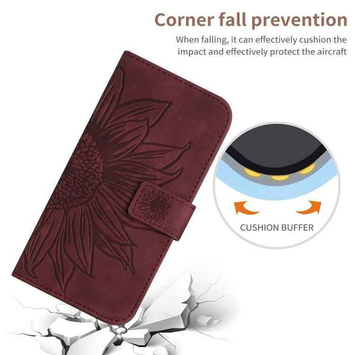 For iPhone 16 Plus Skin Feel Sun Flower Embossed Flip Leather Phone Case with Lanyard(Wine Red)