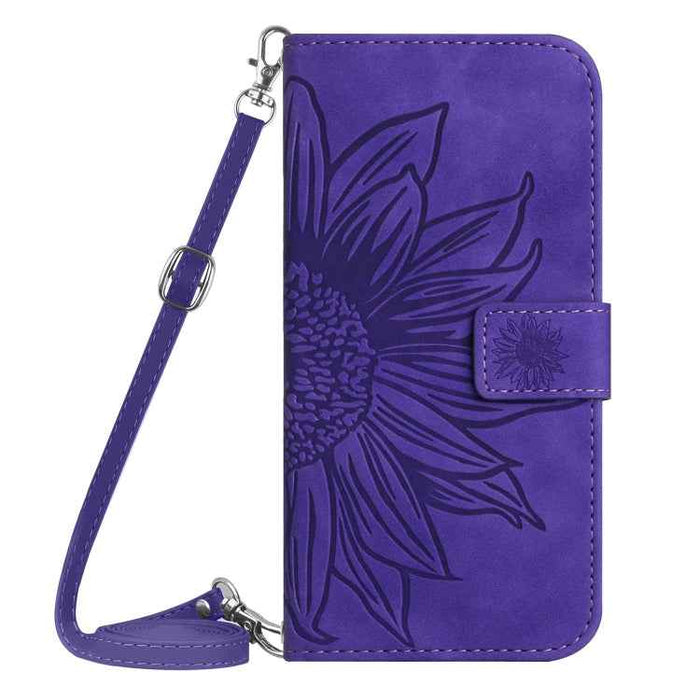 For iPhone 16 Plus Skin Feel Sun Flower Embossed Flip Leather Phone Case with Lanyard(Dark Purple)