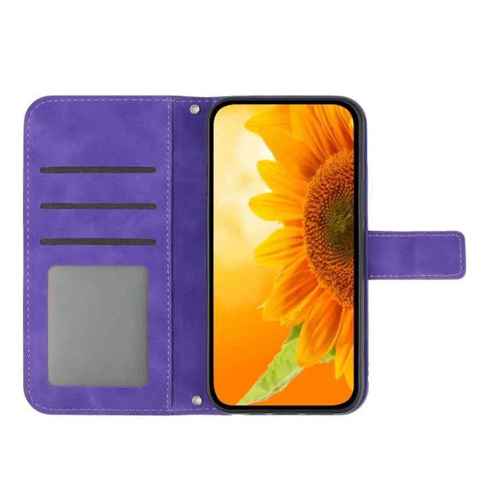 For iPhone 16 Plus Skin Feel Sun Flower Embossed Flip Leather Phone Case with Lanyard(Dark Purple)