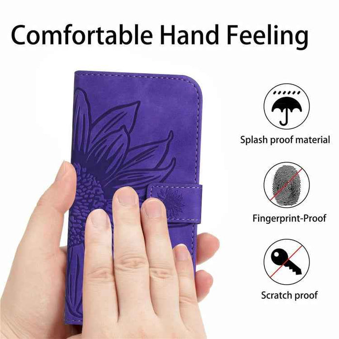 For iPhone 16 Plus Skin Feel Sun Flower Embossed Flip Leather Phone Case with Lanyard(Dark Purple)