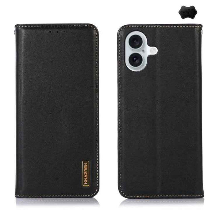 For iPhone 16 Plus KHAZNEH Nappa Top Layer Cowhide Leather Phone Case(Black)