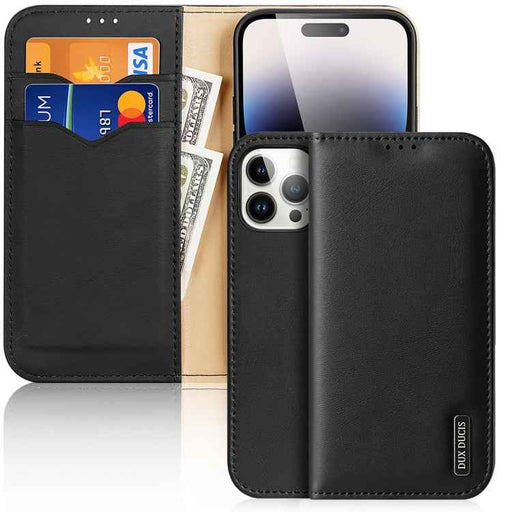 For iPhone 15 Pro Max DUX DUCIS Hivo Series Cowhide + PU + TPU Flip Phone Case(Black)
