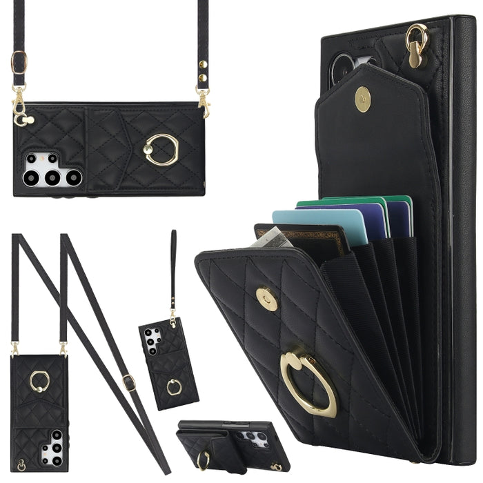 Rhombic Texture Card Bag Phone Case with Long Lanyard