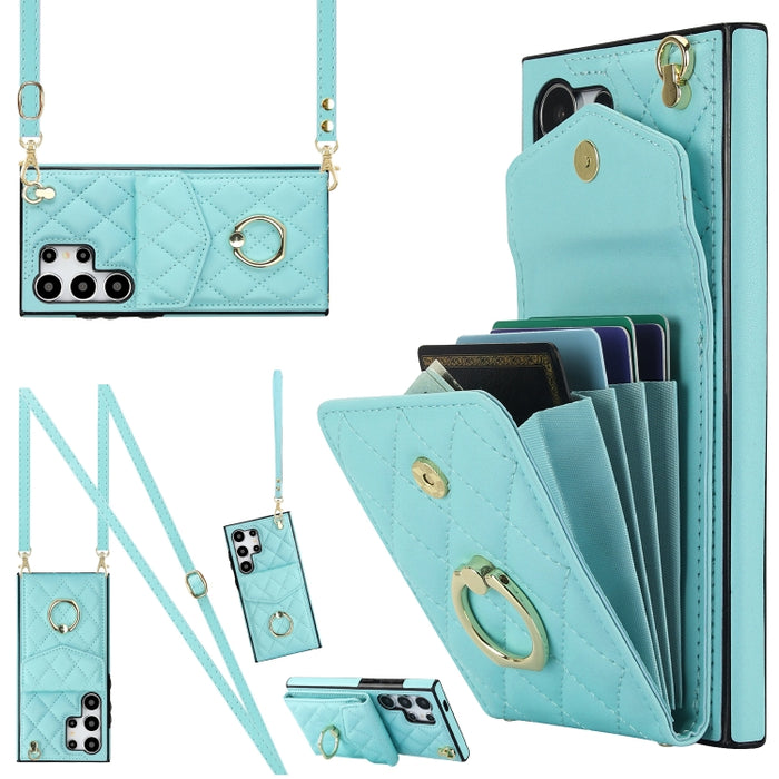 Rhombic Texture Card Bag Phone Case with Long Lanyard