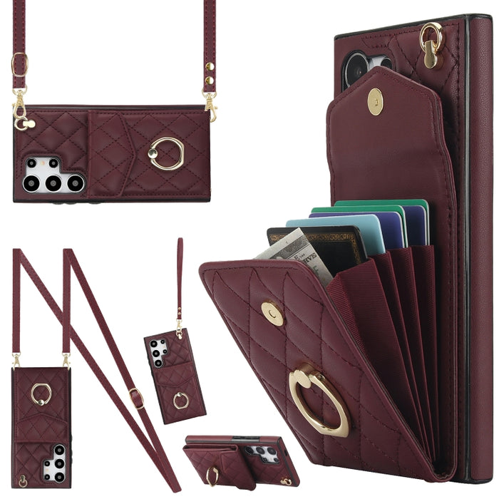 Rhombic Texture Card Bag Phone Case with Long Lanyard