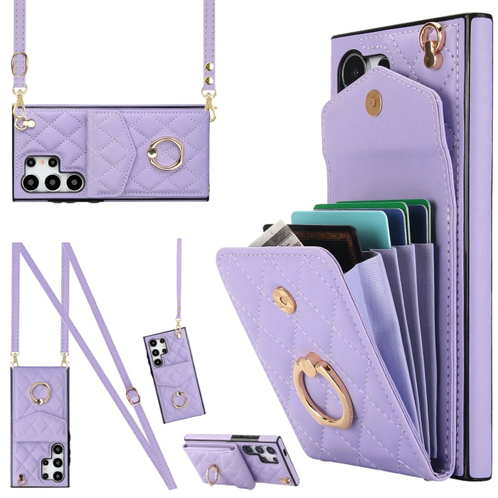 Rhombic Texture Card Bag Phone Case with Long Lanyard