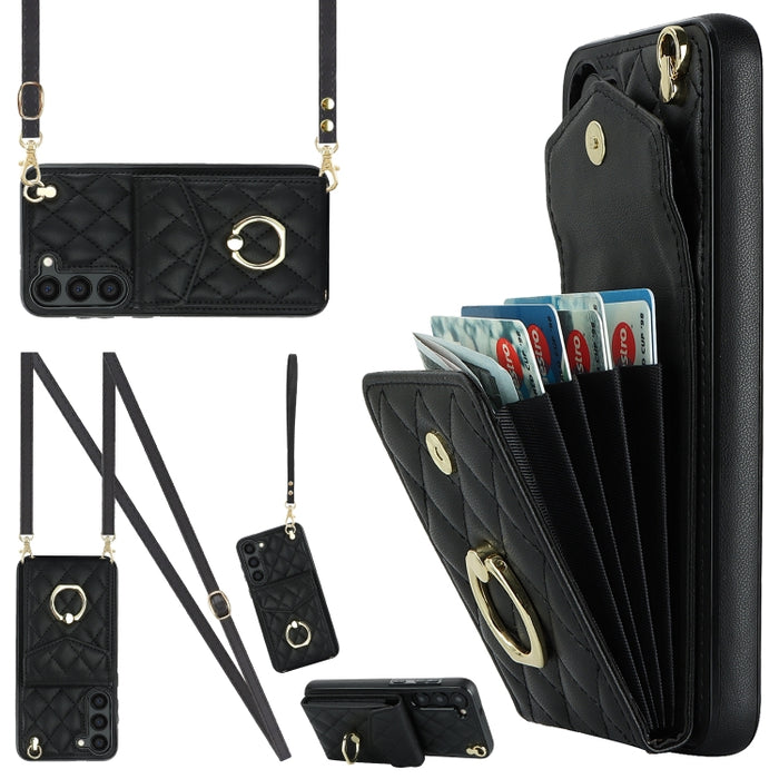 Rhombic Texture Card Bag Phone Case with Long Lanyard