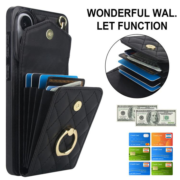 Rhombic Texture Card Bag Phone Case with Long Lanyard