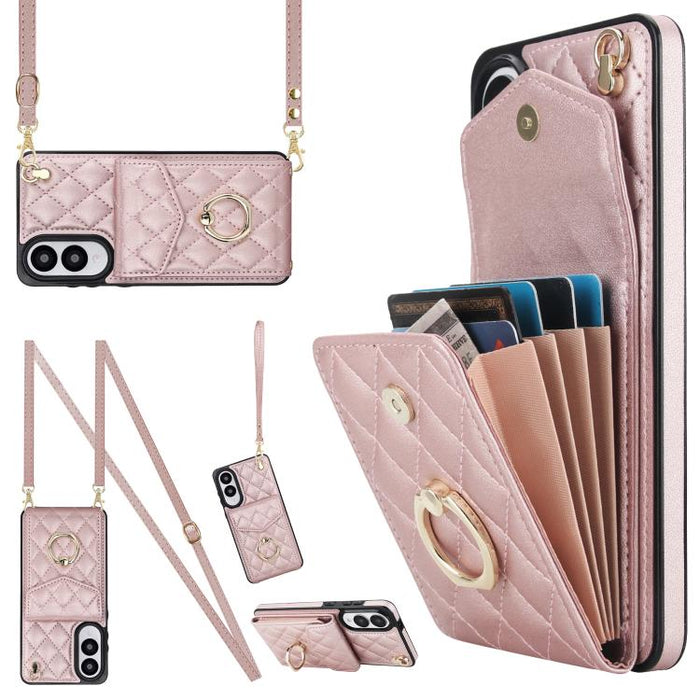Rhombic Texture Card Bag Phone Case with Long Lanyard