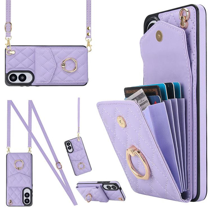 Rhombic Texture Card Bag Phone Case with Long Lanyard