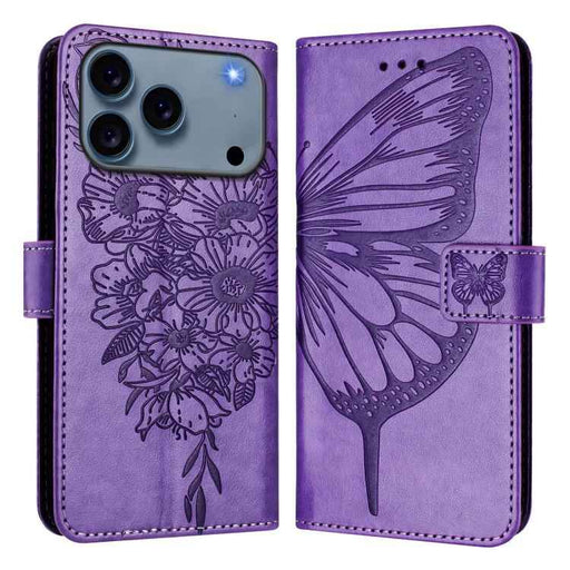 For iPhone 17 Pro Max Embossed Butterfly Leather Phone Case(Light Purple)